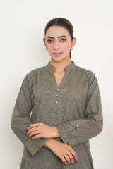 Elegant Olive Green Soft Khadar Fully Embroidered with Detail Stitching