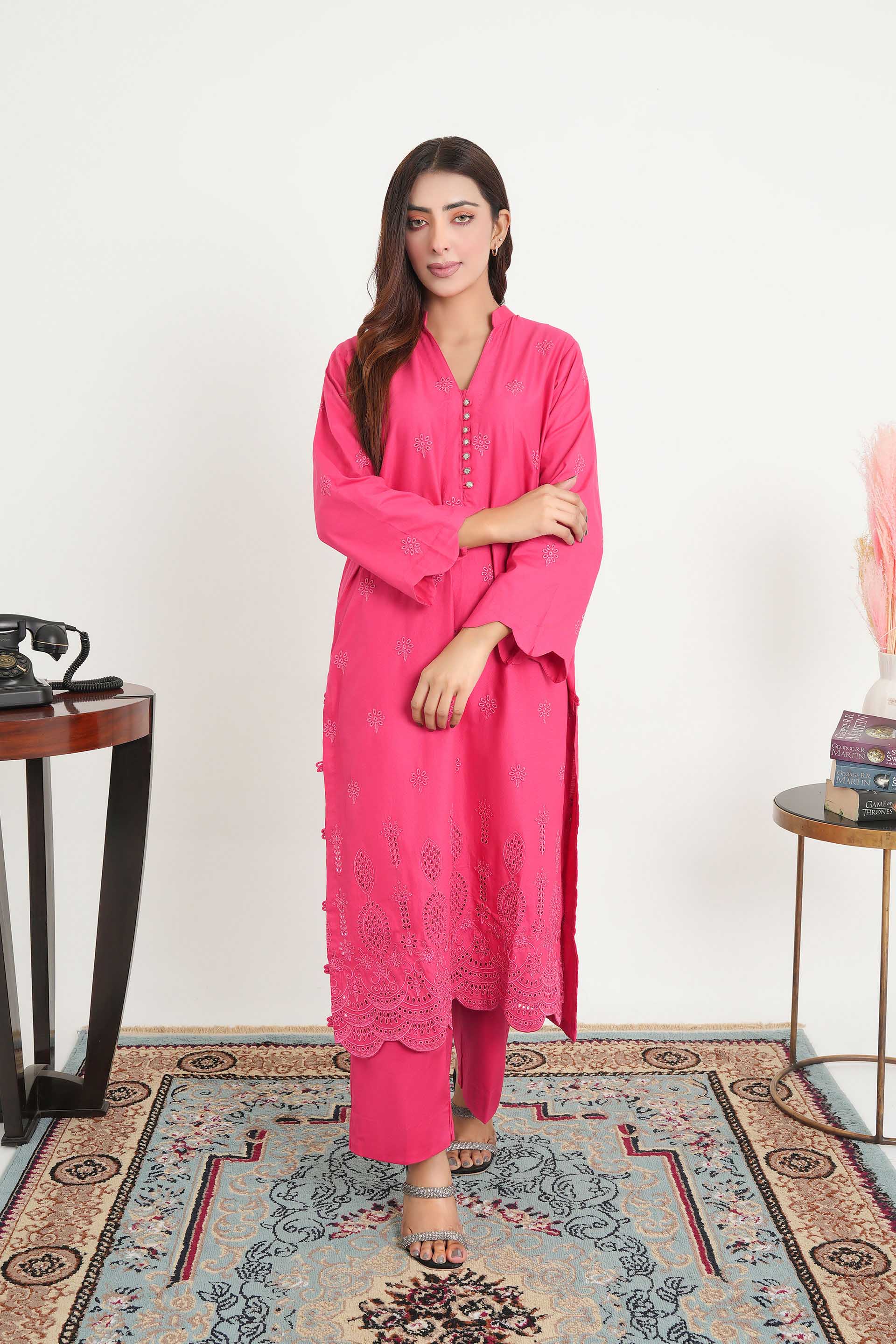 Pink Road Khadar with Embroided with Boring Chicken 2 Pc