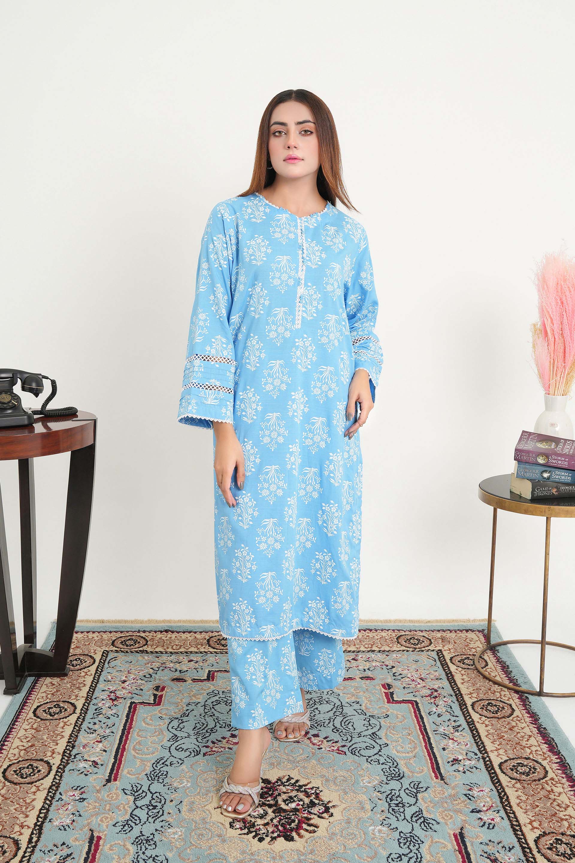 Sky Blue Printed Silk Cotton Kurta with Trousers - Elegant and Comfortable