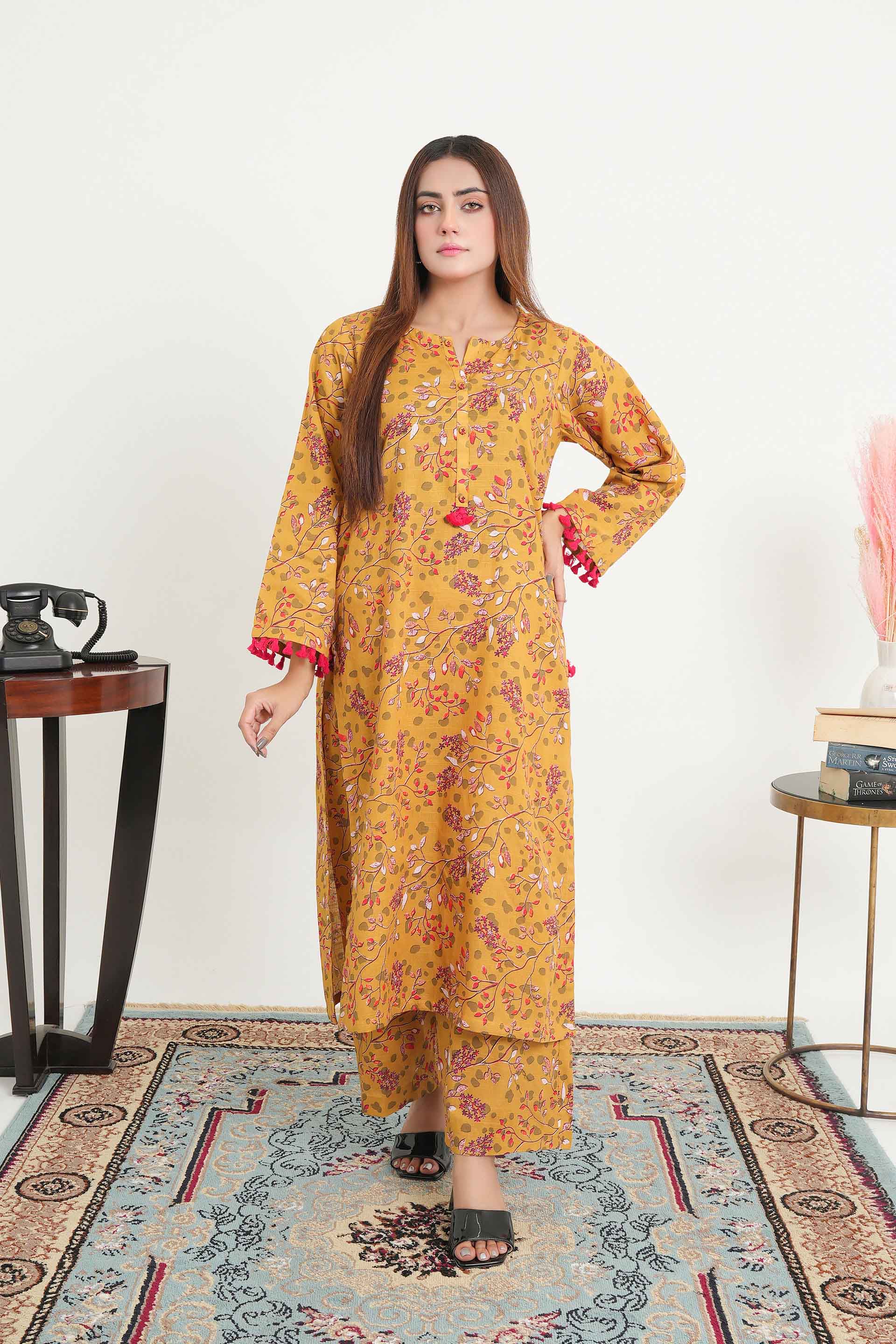 Mustard Printed Khadar with Detail Stitching